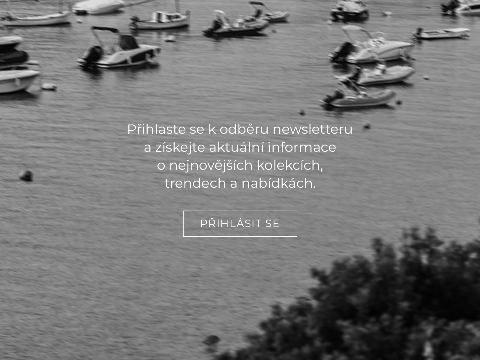 Text vyzývající k odběru newsletteru na černobílém pozadí s loďkami na vodě