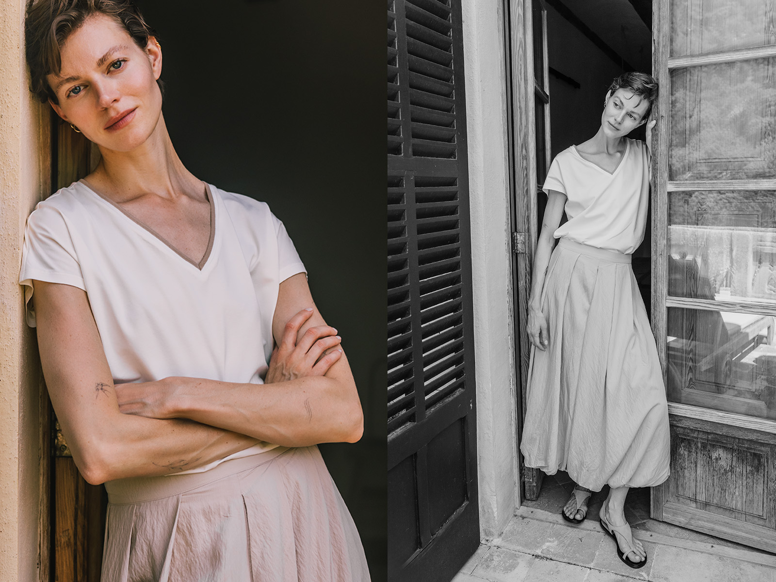 Dvě fotografie ženy v světlém kompletu se sukní – barevná a černobílá verze
