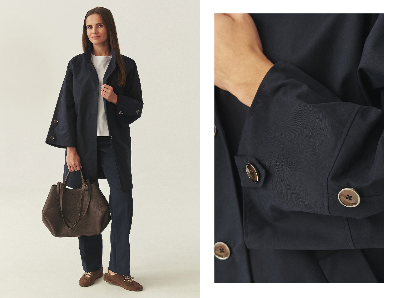 žena v námořnicky modrém oversize trenčkotu