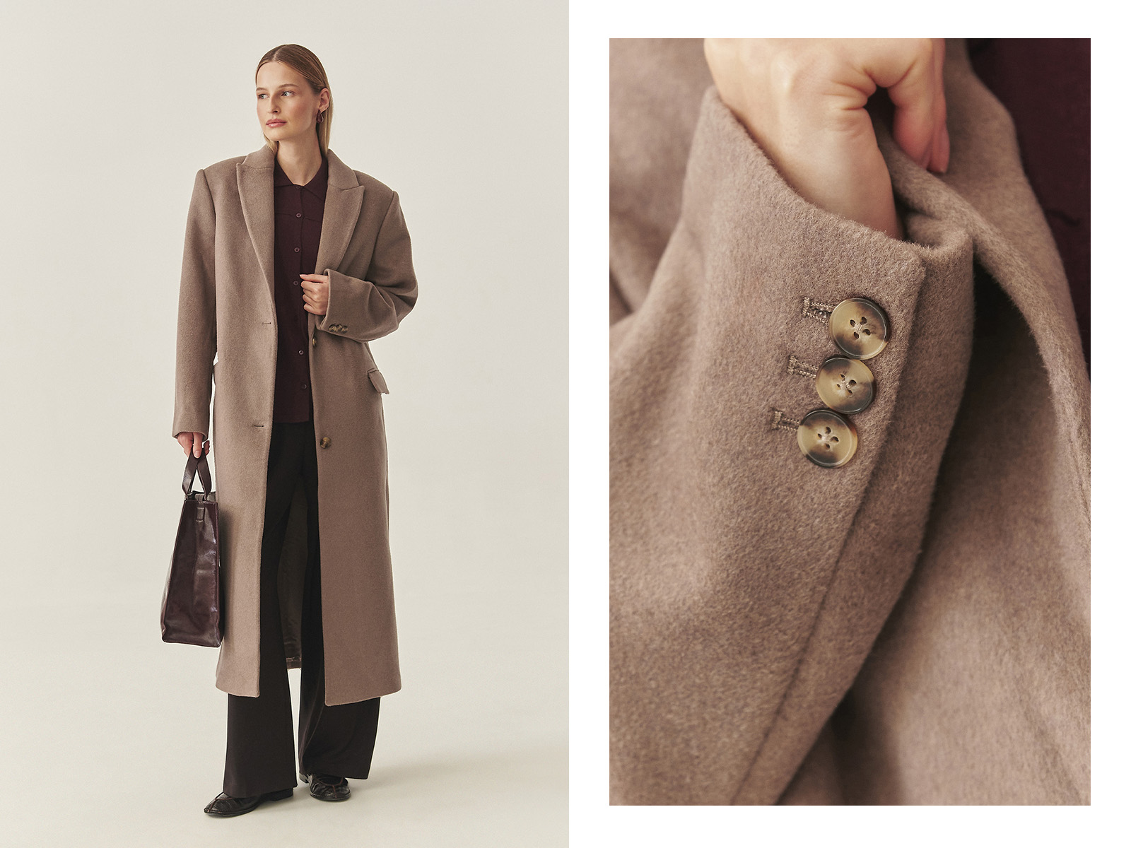 žena v béžovém elegantním vlněném kabátě