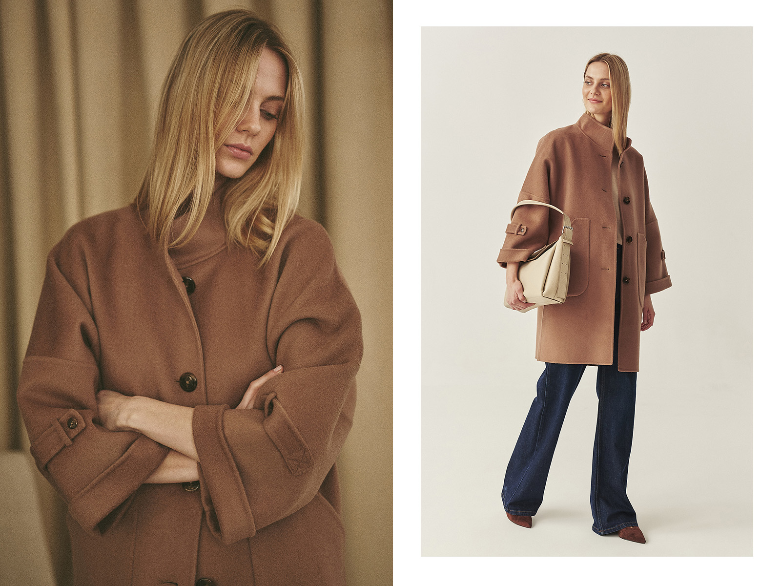 žena v tmavě béžovém oversize podzimním kabátu