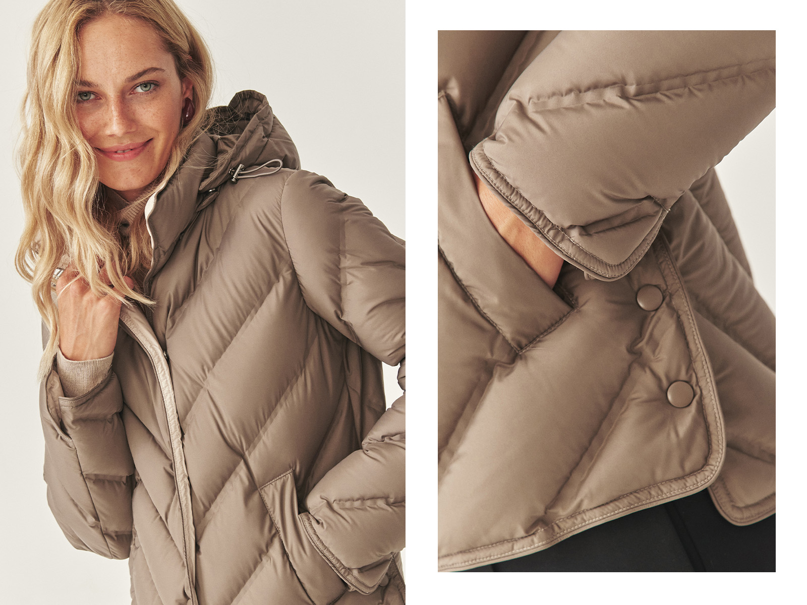 žena v béžové zimní bundě
