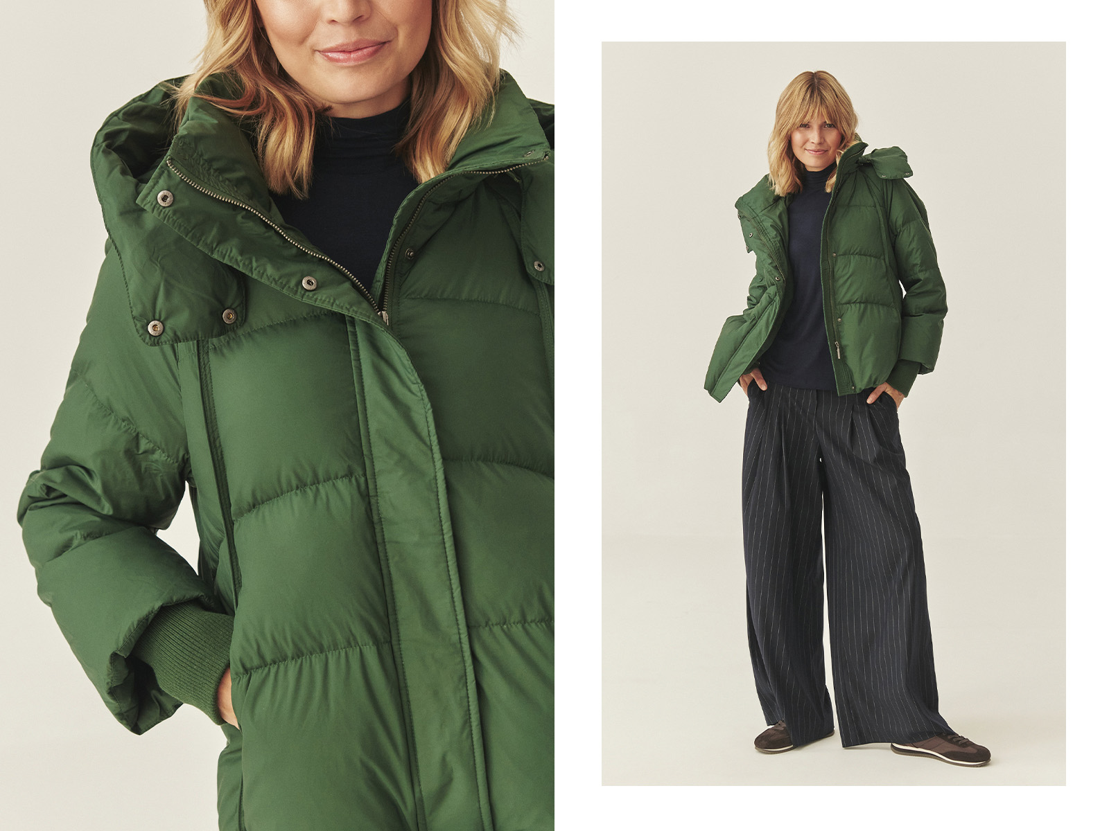 žena v zelenom zimnom kabáte