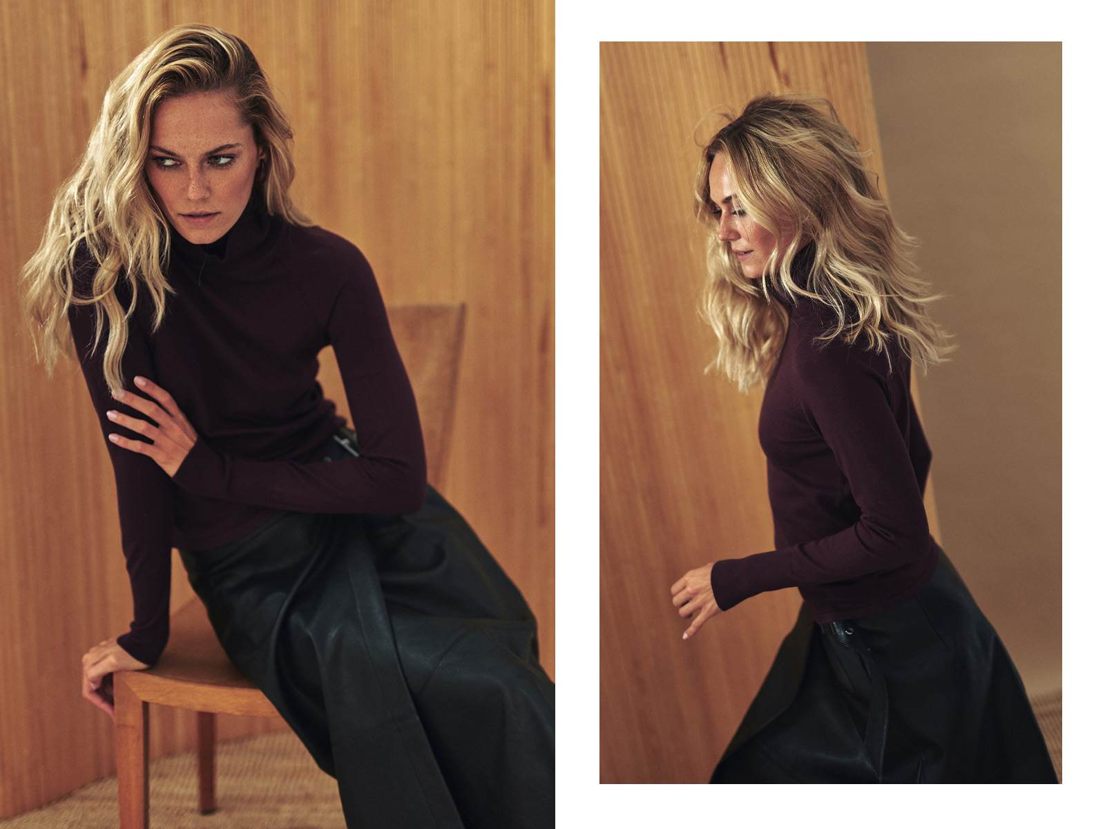 modelka v bordovém rolákovém svetru a kožené černé midi sukni