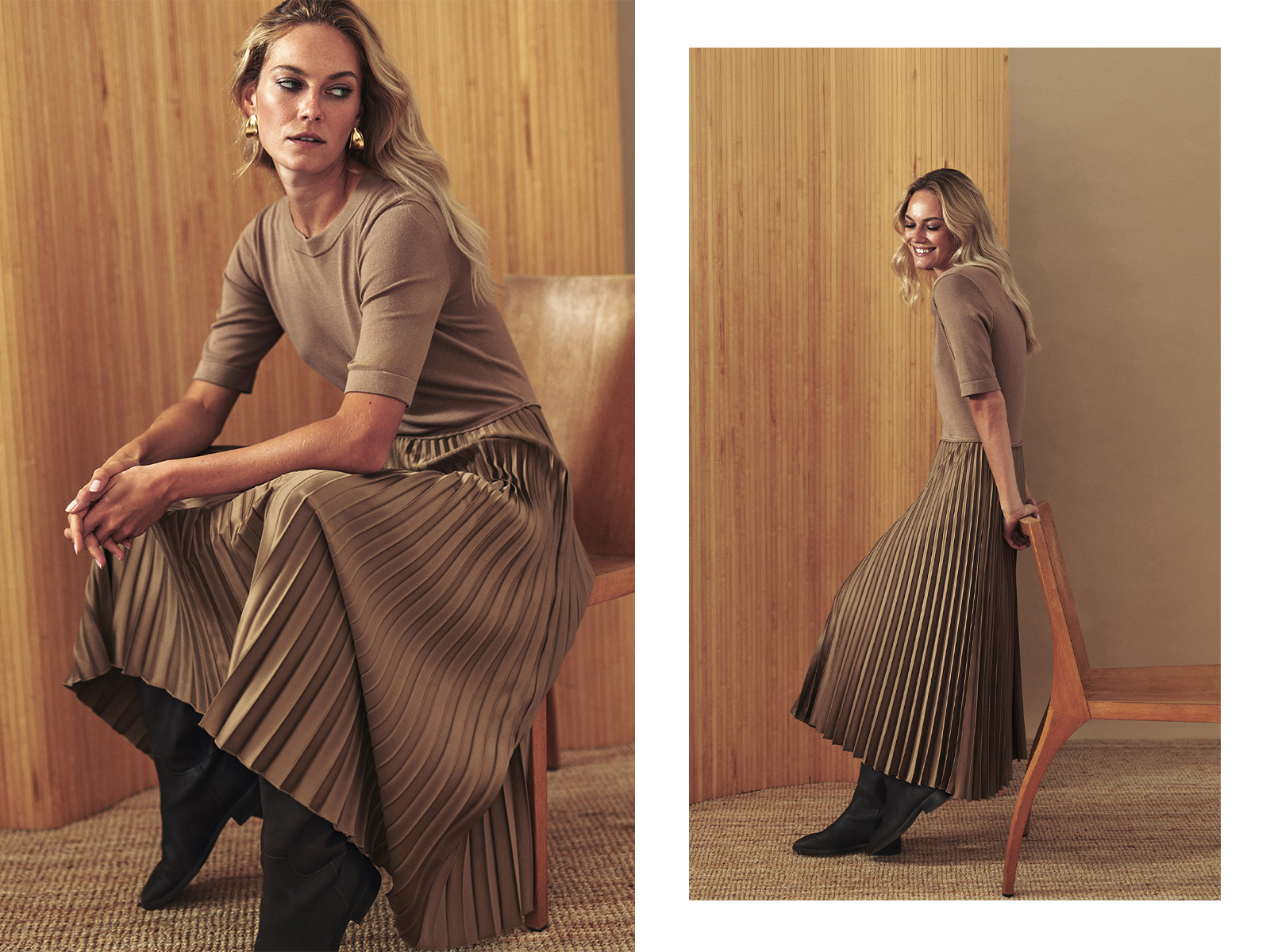 modelka v béžových, plisovaných šatech