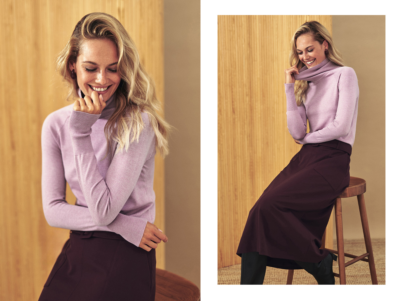 žena v růžovém roláku a midi sukni