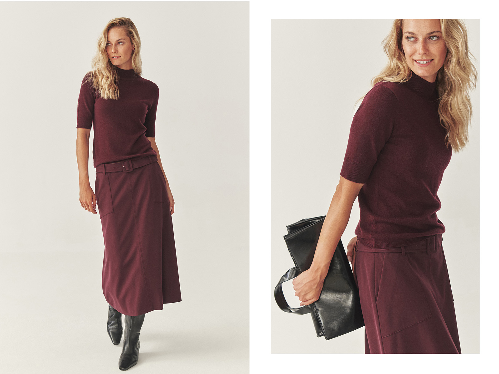 Modelka w bordowym golfie i eleganckiej, bordowej spódnicy