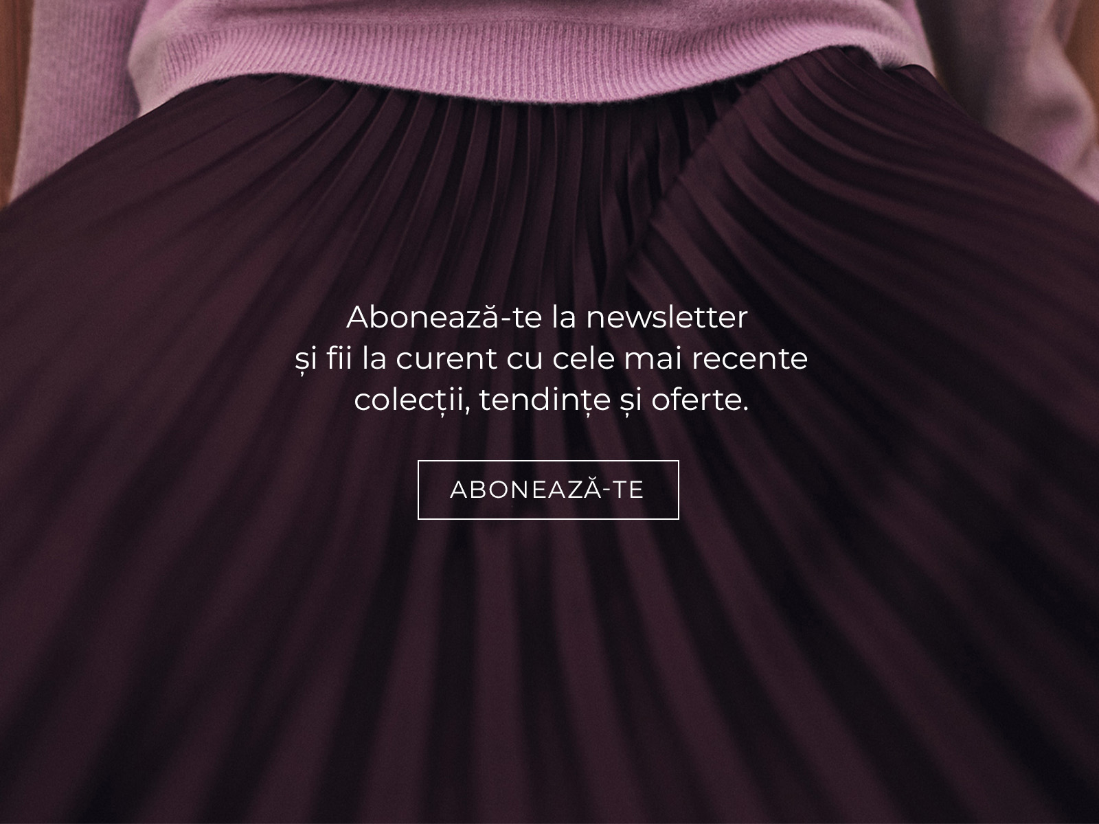 prim-plan al unei fuste plisate de culoare burgund și al unui panou cu un formular de abonare la newsletter