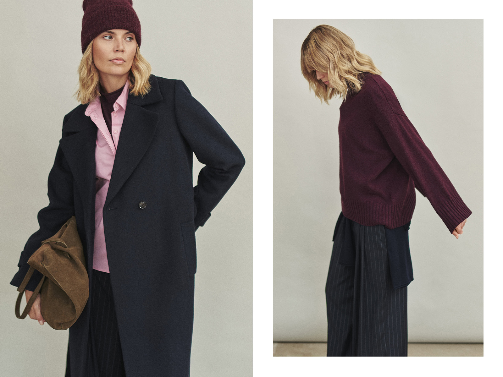 dwa zdjęcia, kobieta w płaszczu i czapce oraz kobieta ubrana w sweter