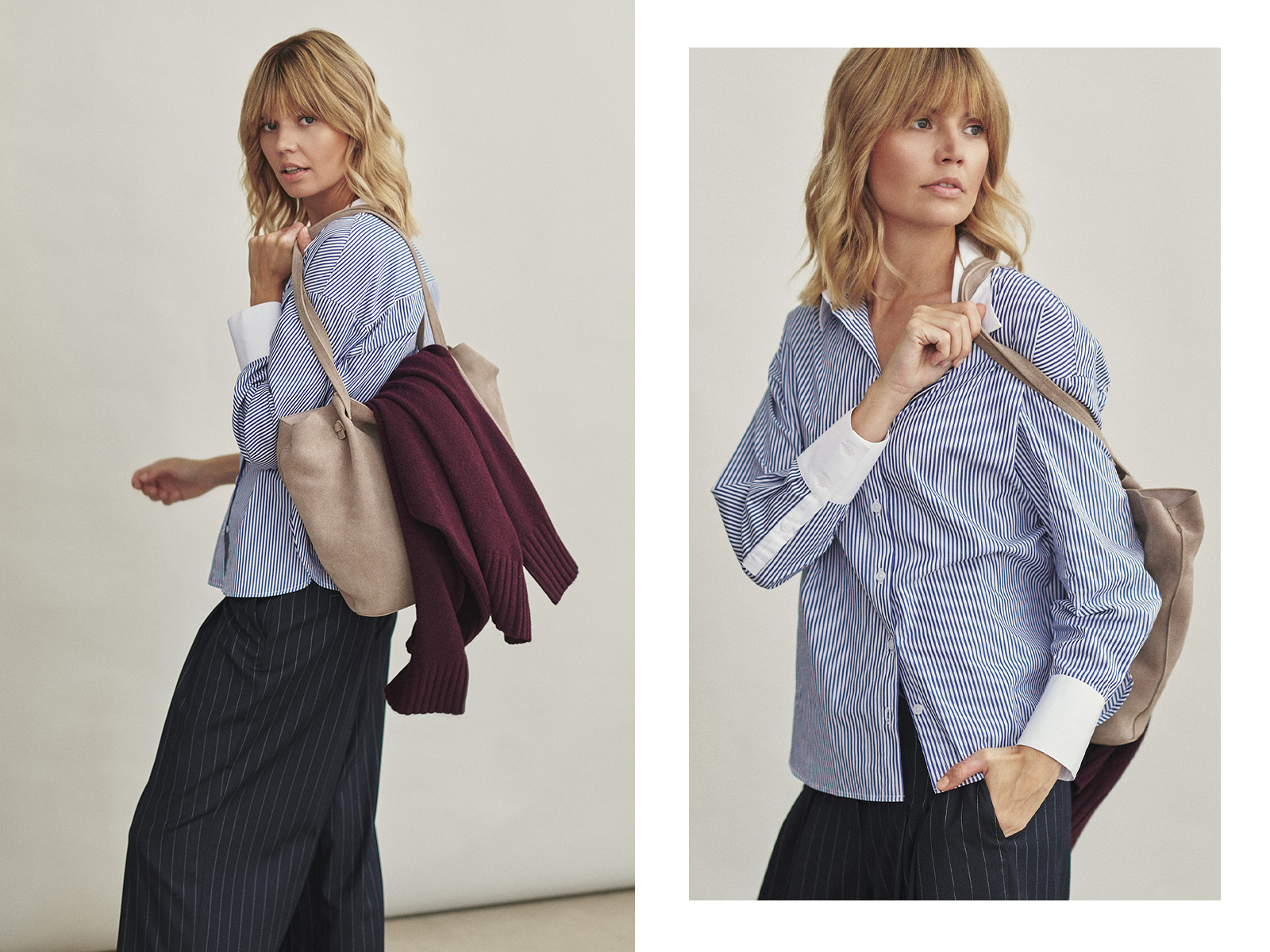 dwie grafiki, kobieta w koszuli w paski z dużą torbą