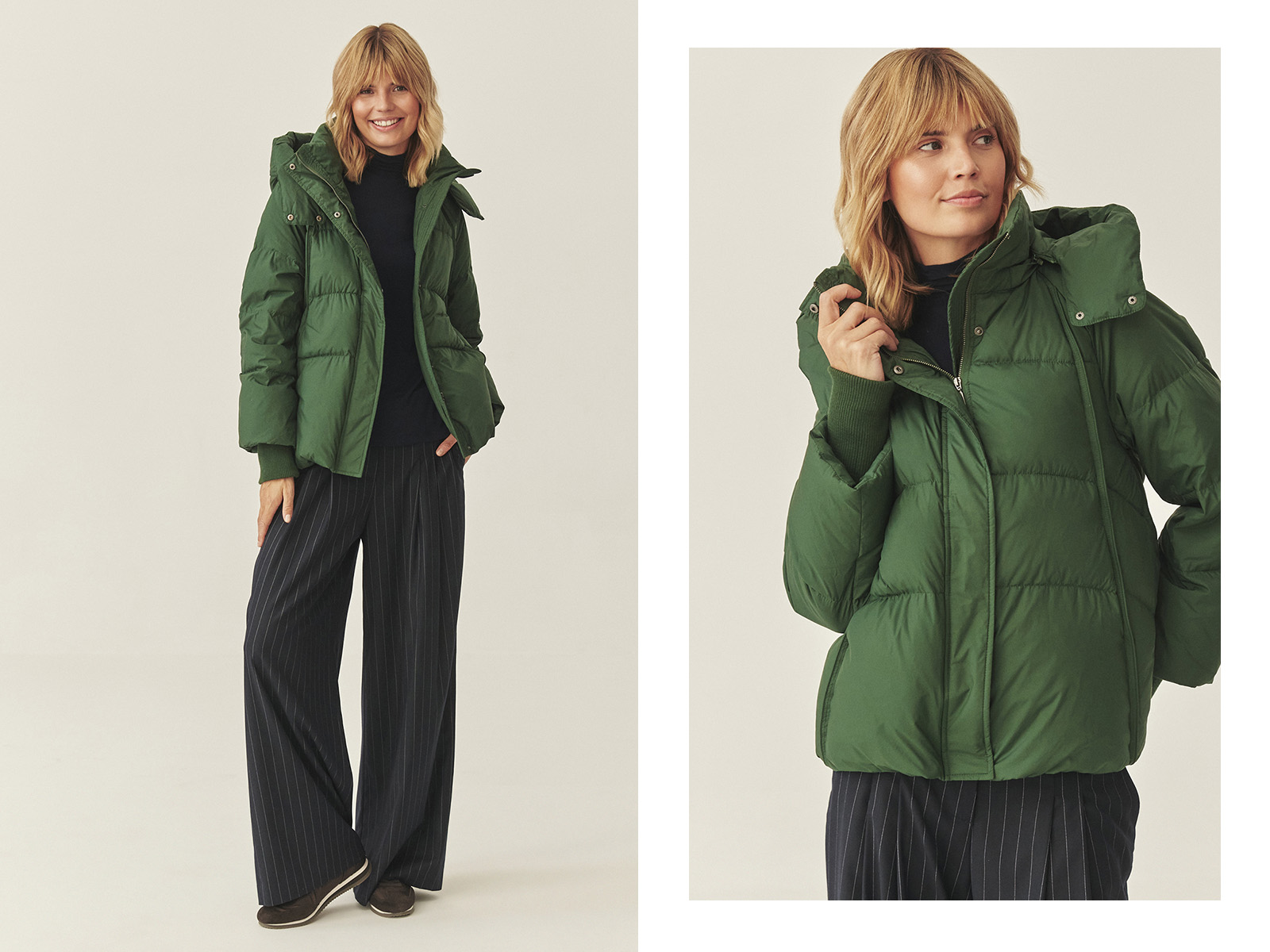 stojąca kobieta w kurtce i spodniach