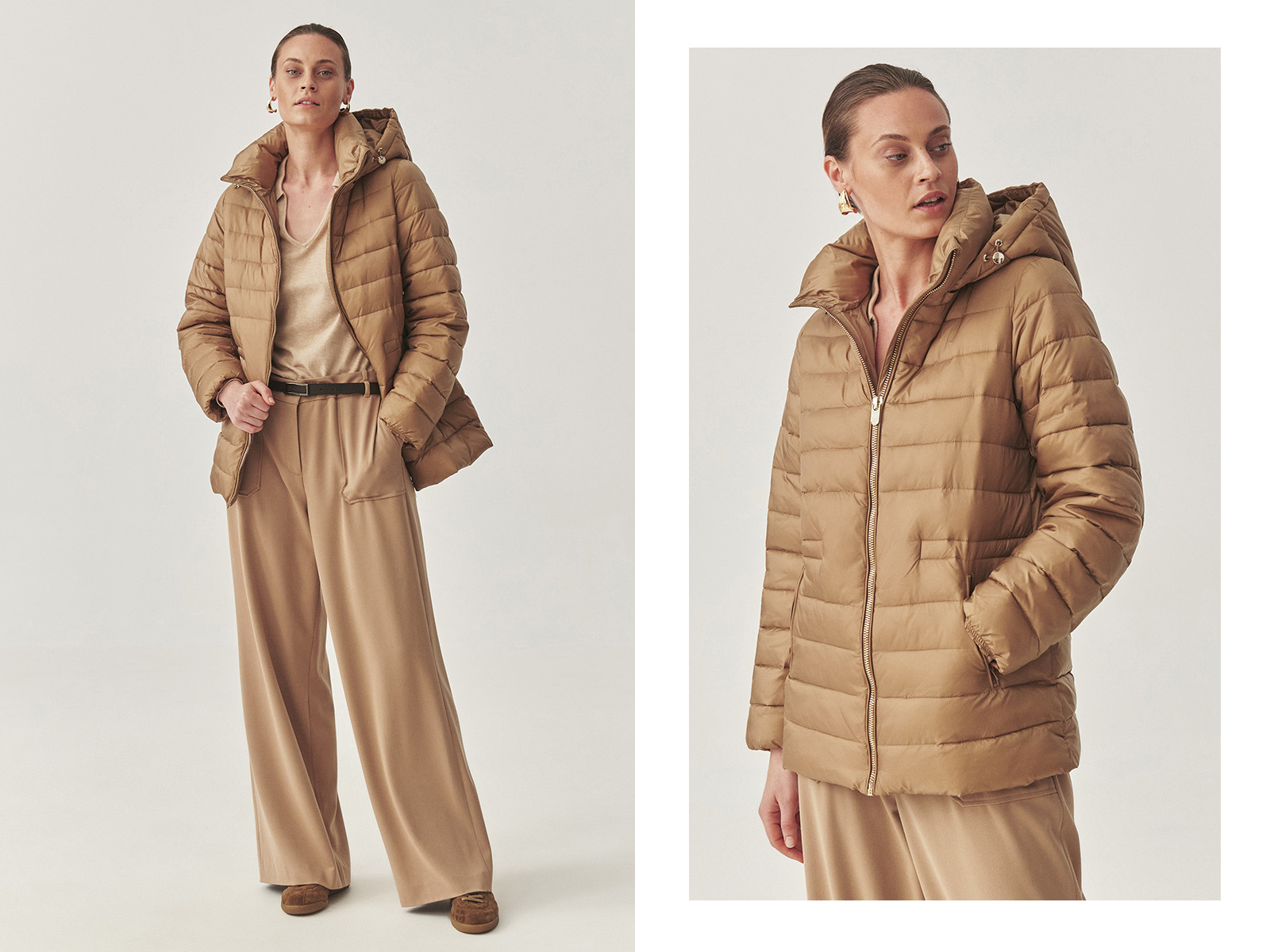 stojąca kobieta trzyma ręce w kieszeniu kurtki