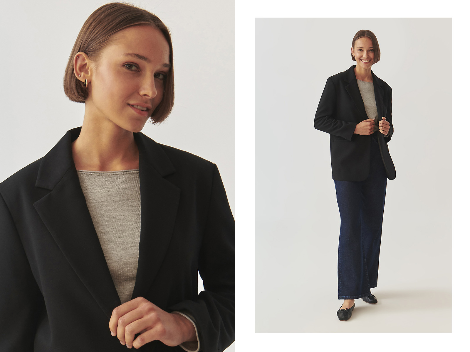 modelka hledící do objektivu oblečená do džínů a elegantního sak