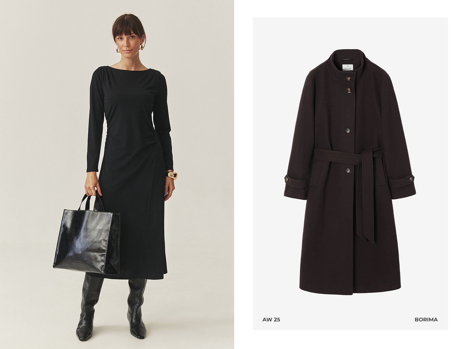 žena v čiernych šatách a dlhom, elegantnom hnedom kabáte