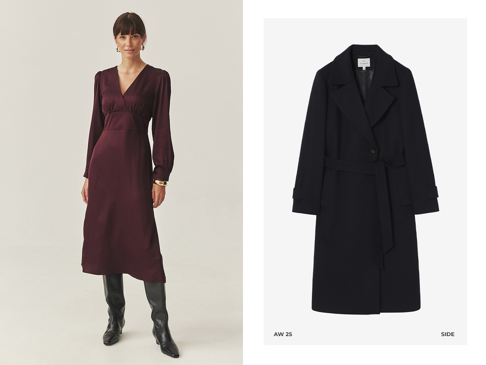 žena v bordových šatách a elegantnom čiernom kabáte