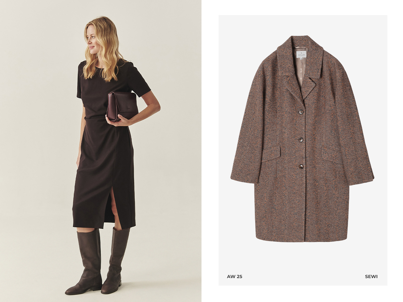 žena v béžovom vlnenom kabáte s rybím vzorom