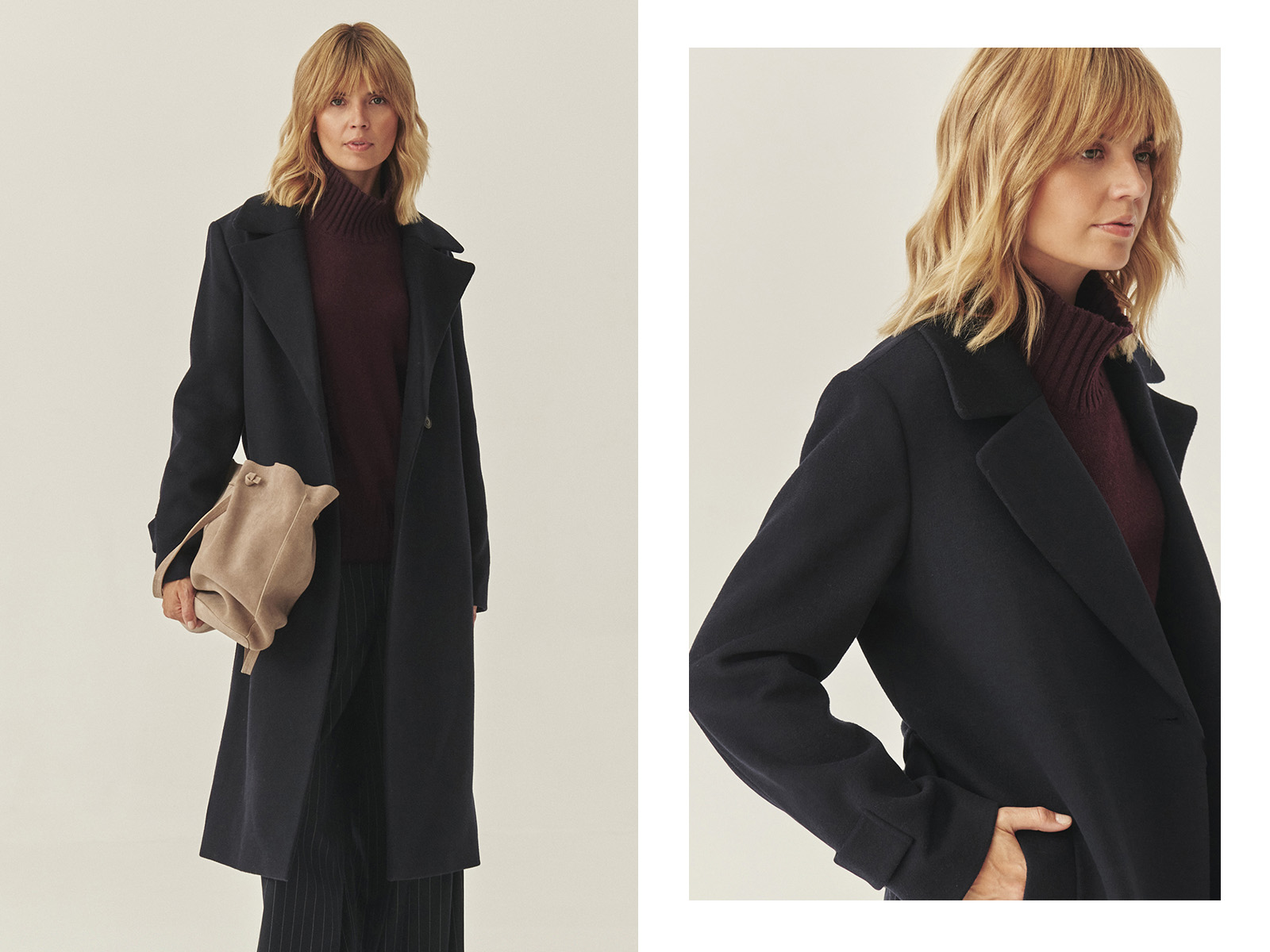 Modelka w czarnym płaszczu, bordowym swetrze i garniturowych spodniach