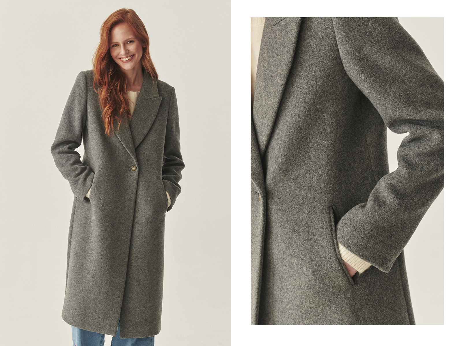 Kobieta w szarym, eleganckim płaszczu