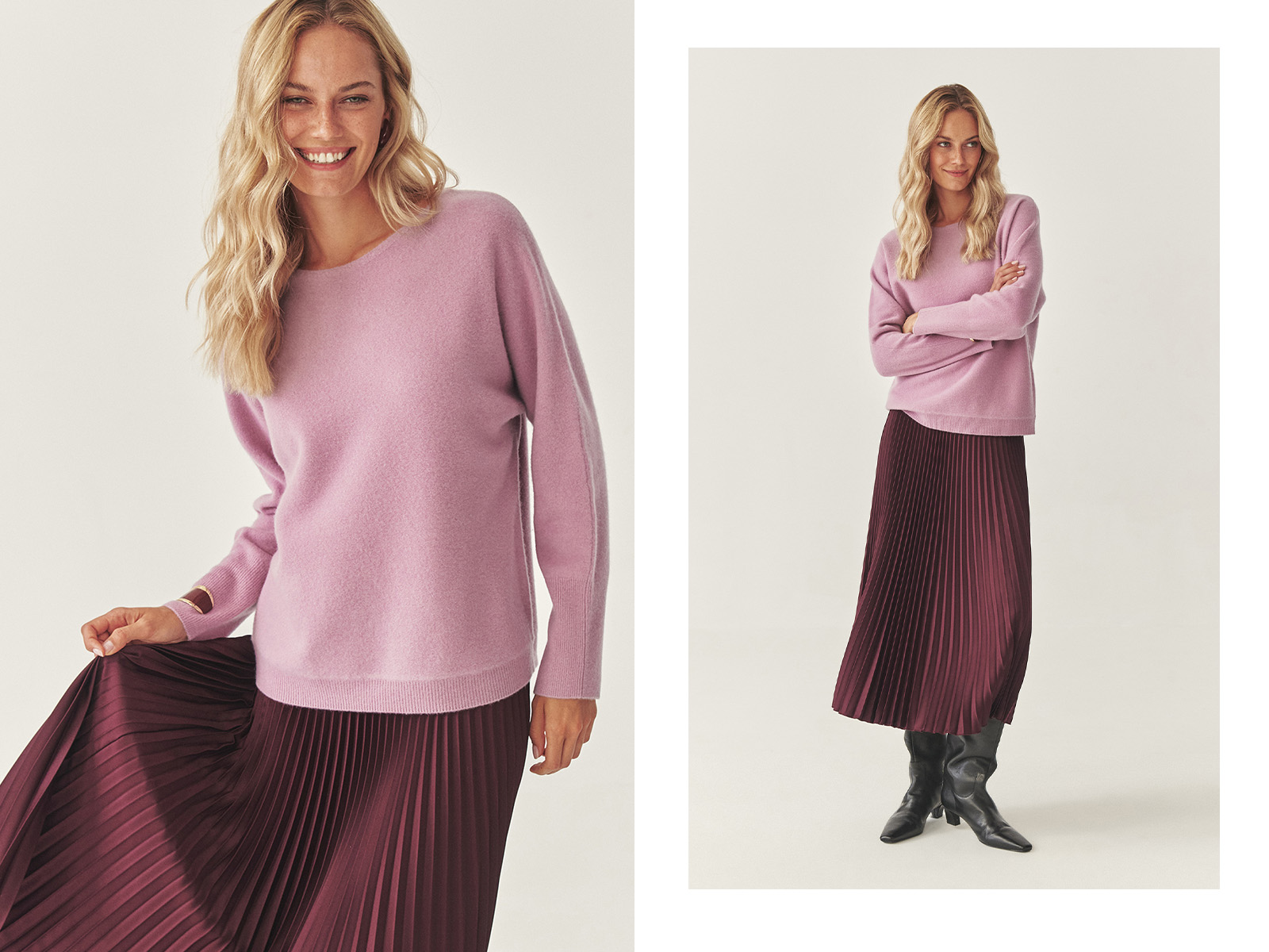 stojąca kobieta w spódnicy i swetrze