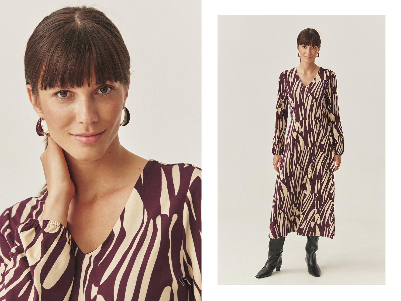 stojąca kobieta we wzorzystej sukience