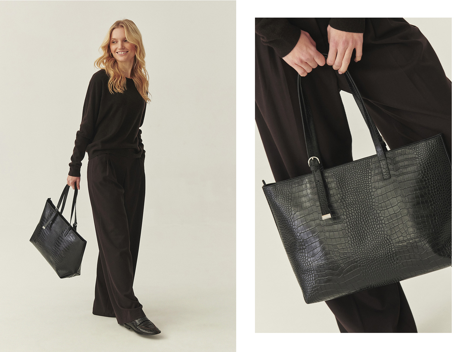 Kobieta ze skórzaną, czarną torbą typu shopper trzymaną w ręce