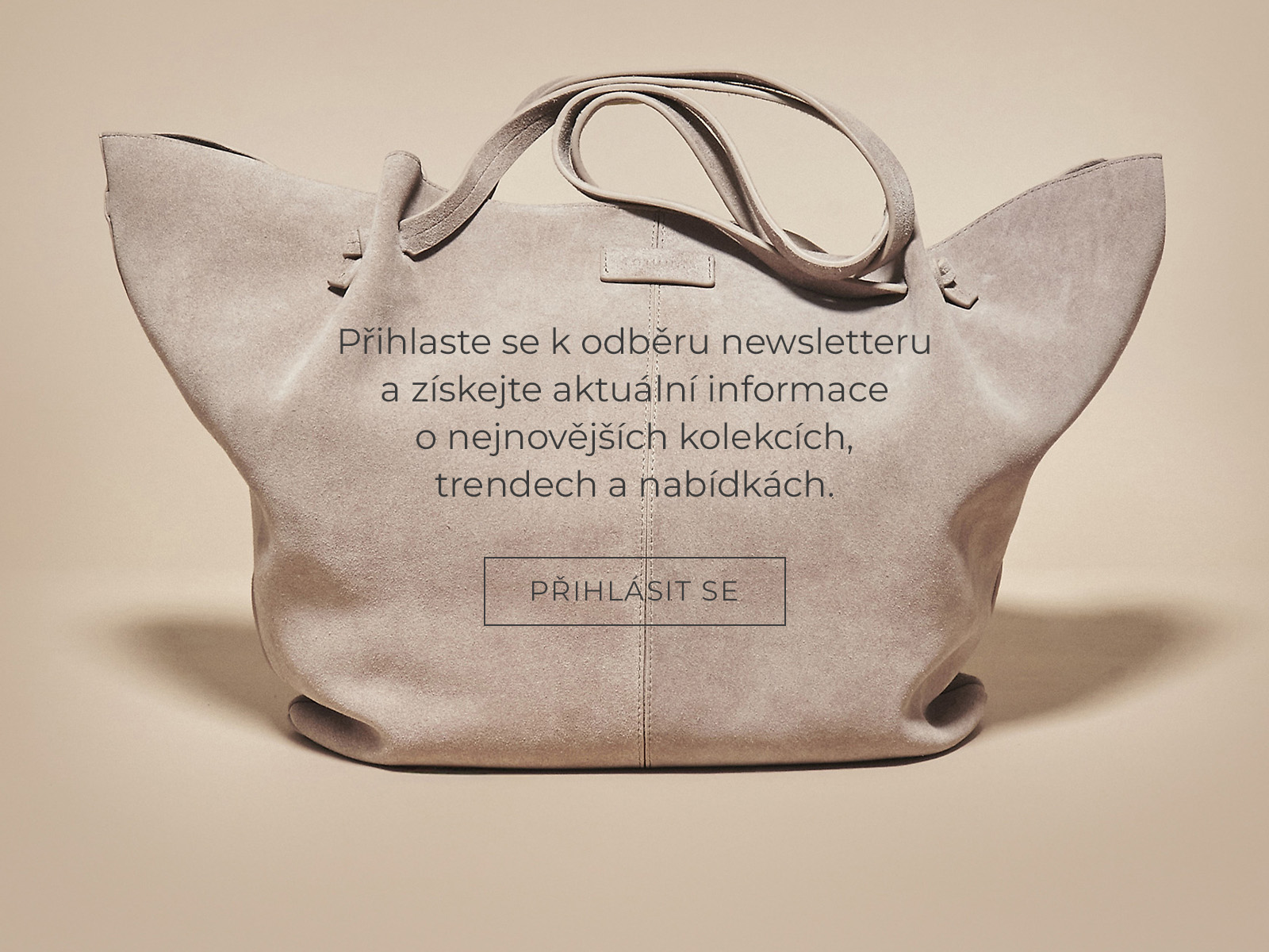 semišová taška a nápis vybízející k přihlášení k odběru newsletteru