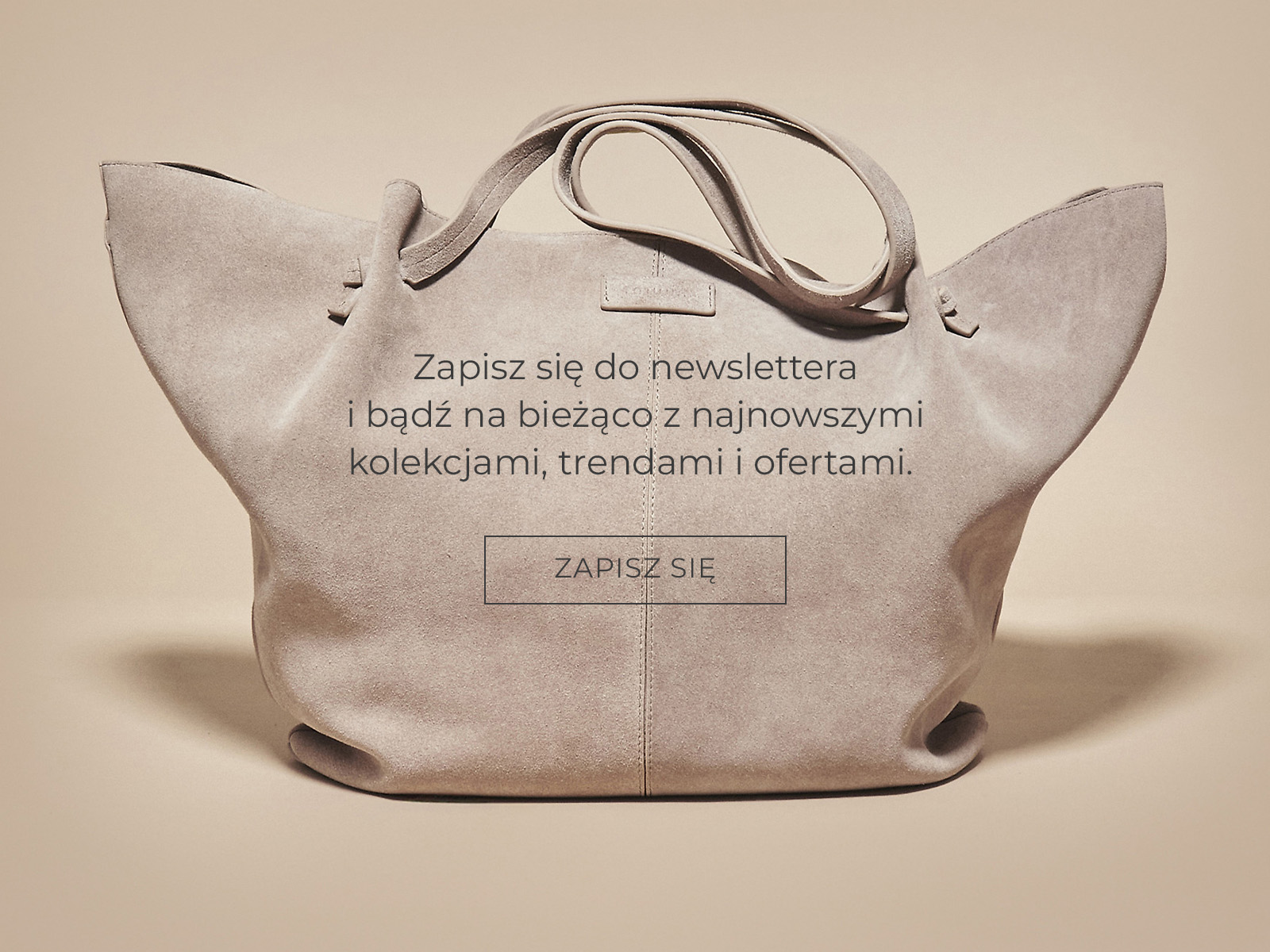 Zbliżenie na detal skórzanej, beżowej torby i napis z zapisem do newslettera