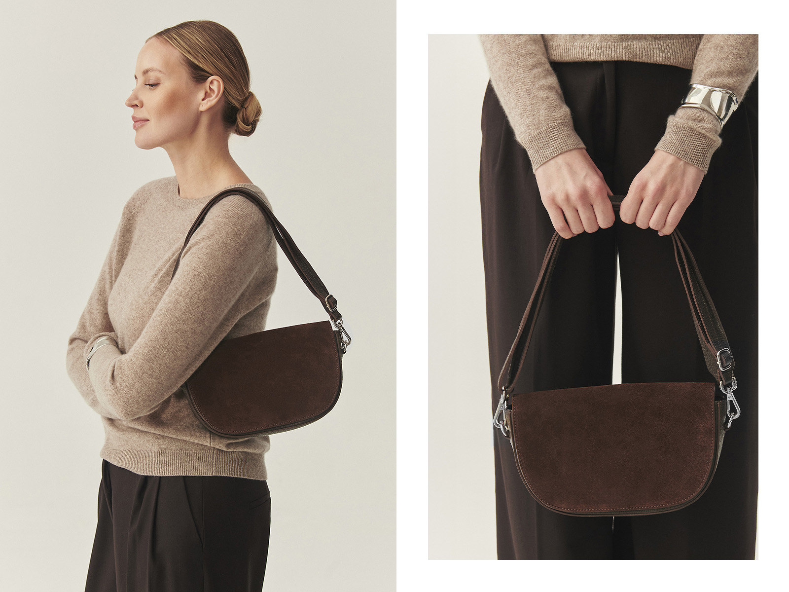 Kobieta z zamszową, brązową torbą przewieszoną przez ramię