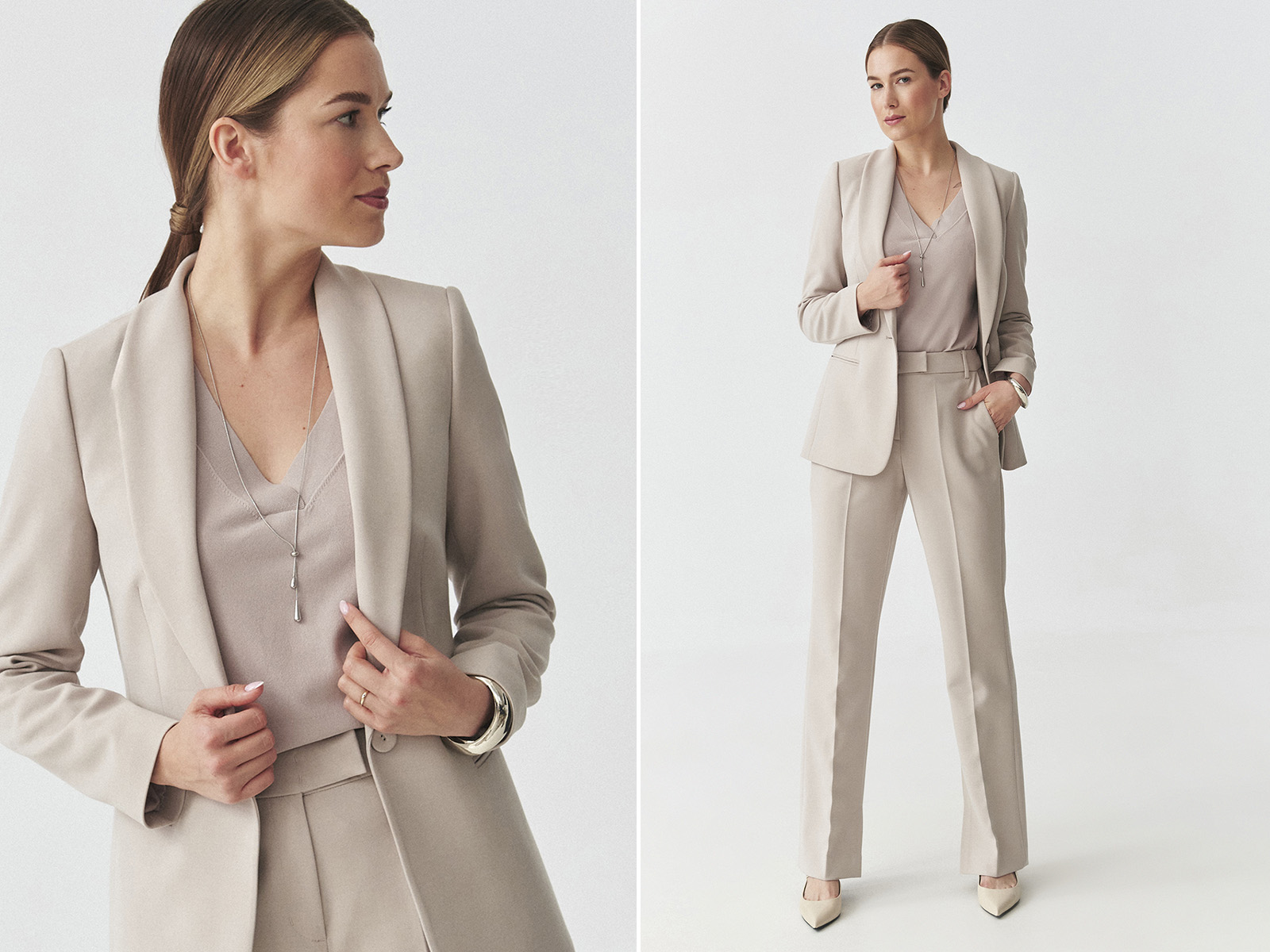 Dva pohledy na ženu v elegantním béžovém kostýmu a světlém topu – formální stylizace.