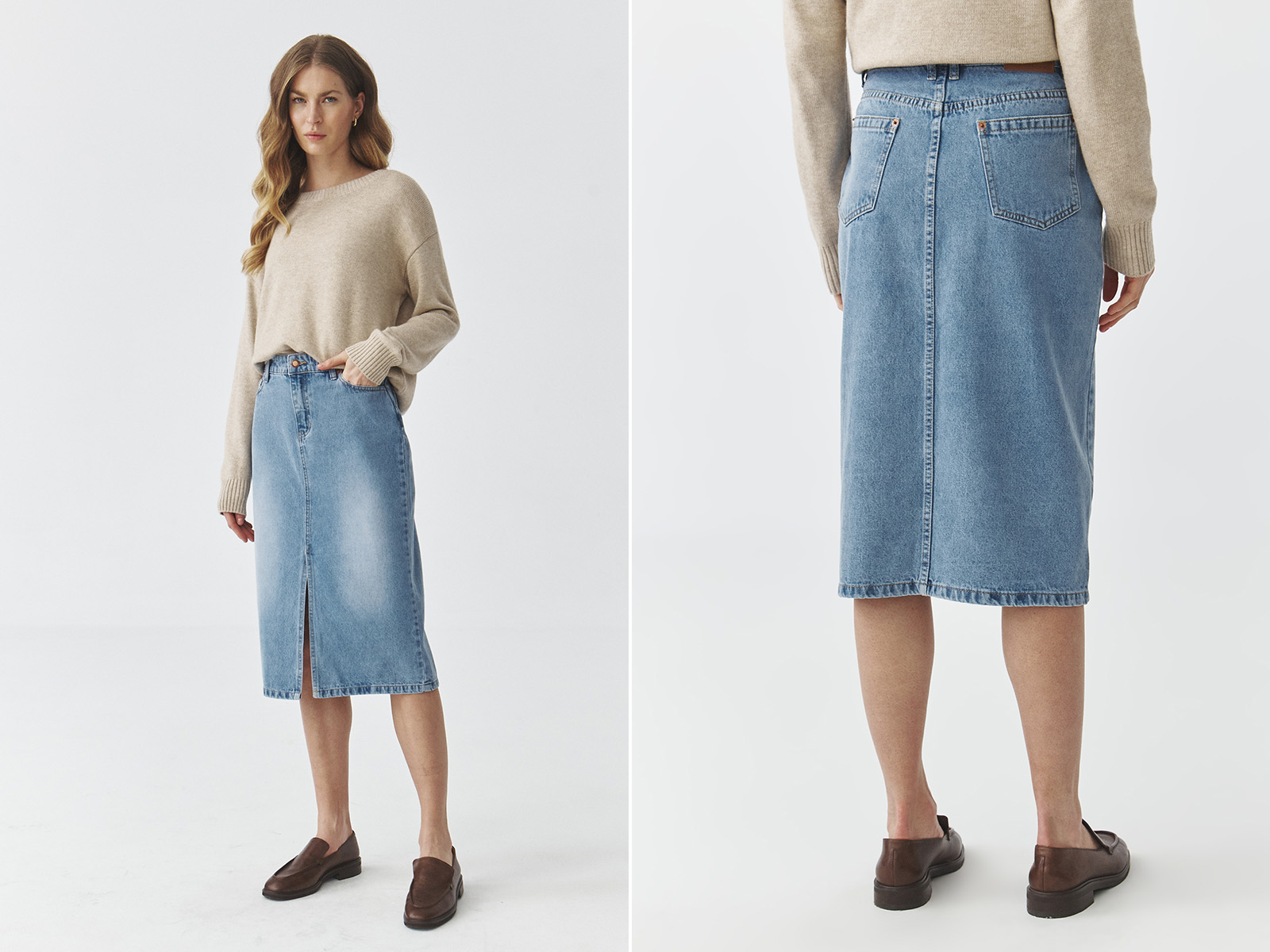 Femeie în fustă din denim și pulover bej, vedere din față și din spate