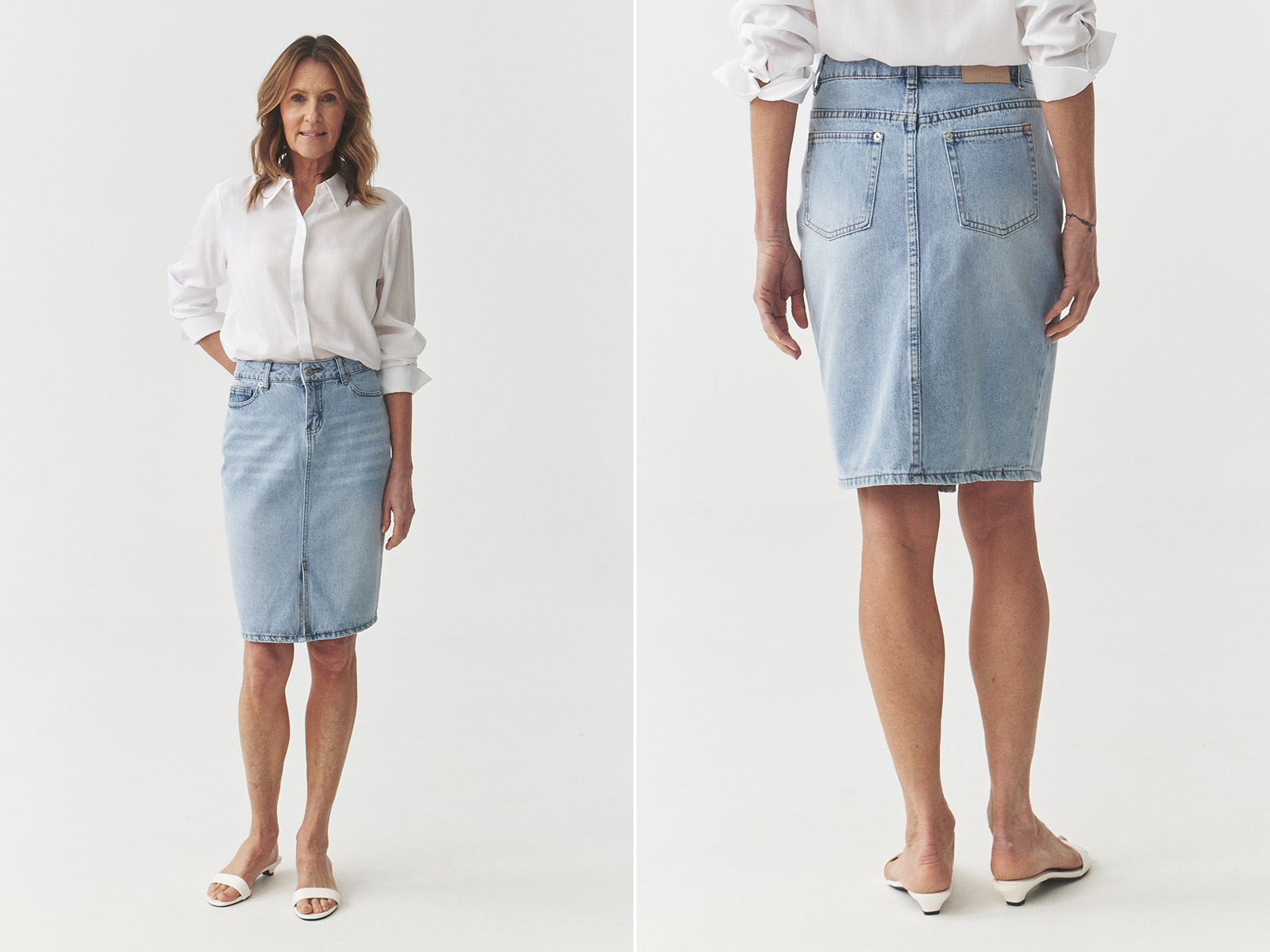 Femeie în fustă conică din denim și cămașă albă, vedere din față și din spate