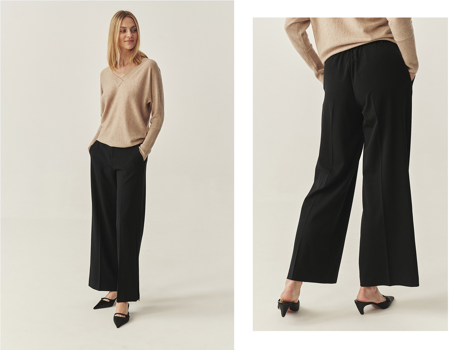 o femeie îmbrăcată într-un pulover bej și pantaloni eleganți negri, largi