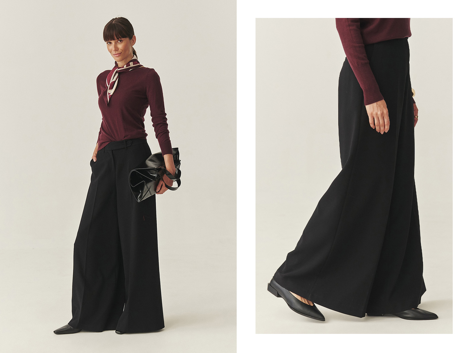 o femeie îmbrăcată într-un pulover burgund și pantaloni eleganți