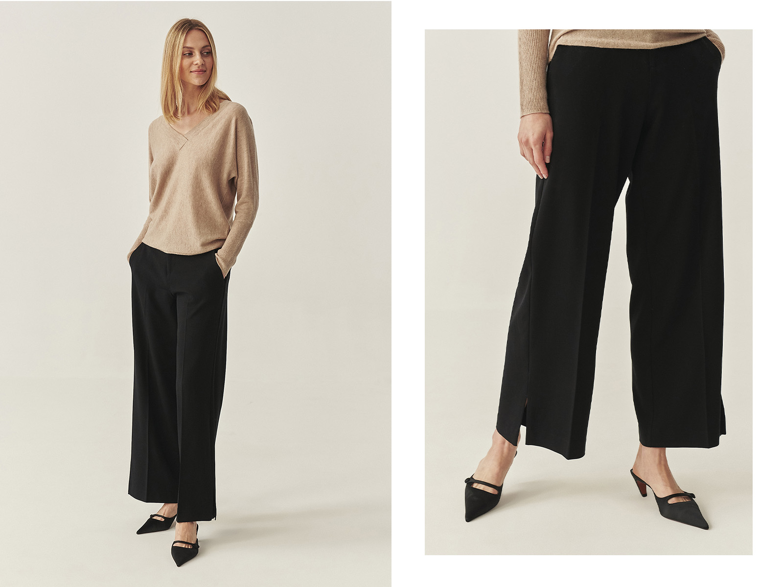Kobieta w czarnych, eleganckich spodniach i beżowym swetrze