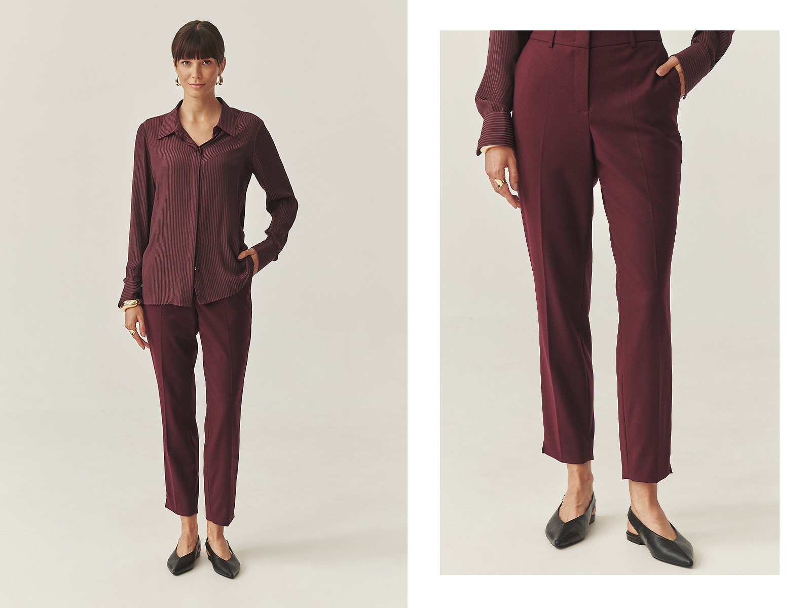 Kobieta w bordowych, eleganckich spodniach i bordowej koszuli