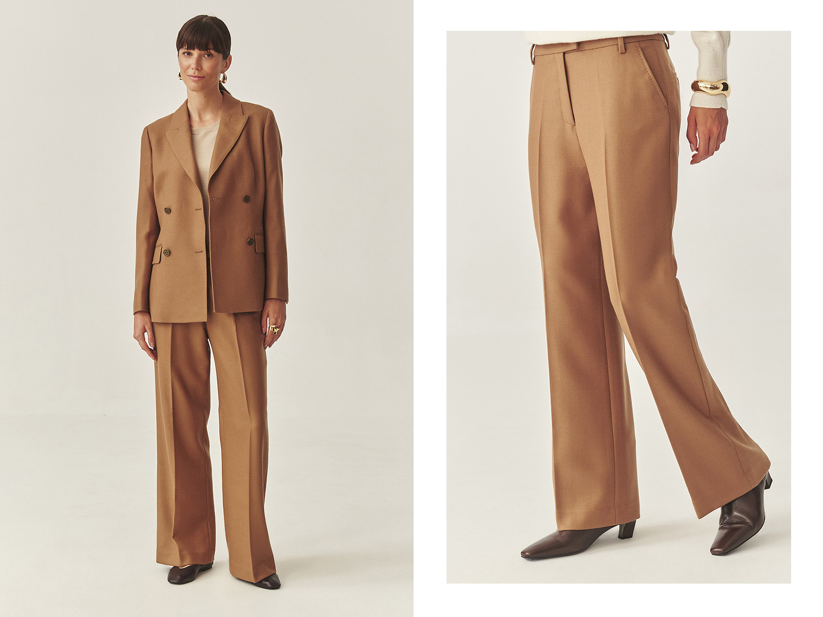 Kobieta w eleganckim, karmelowym garniturze