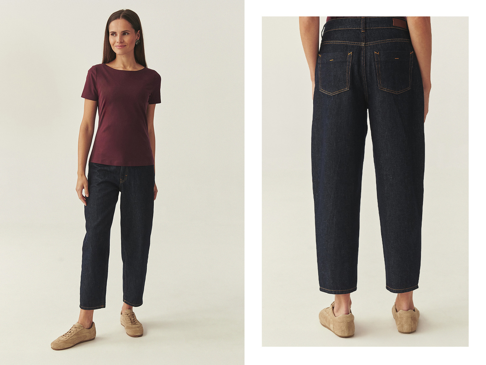 žena v tričku a rozšírených džínsoch