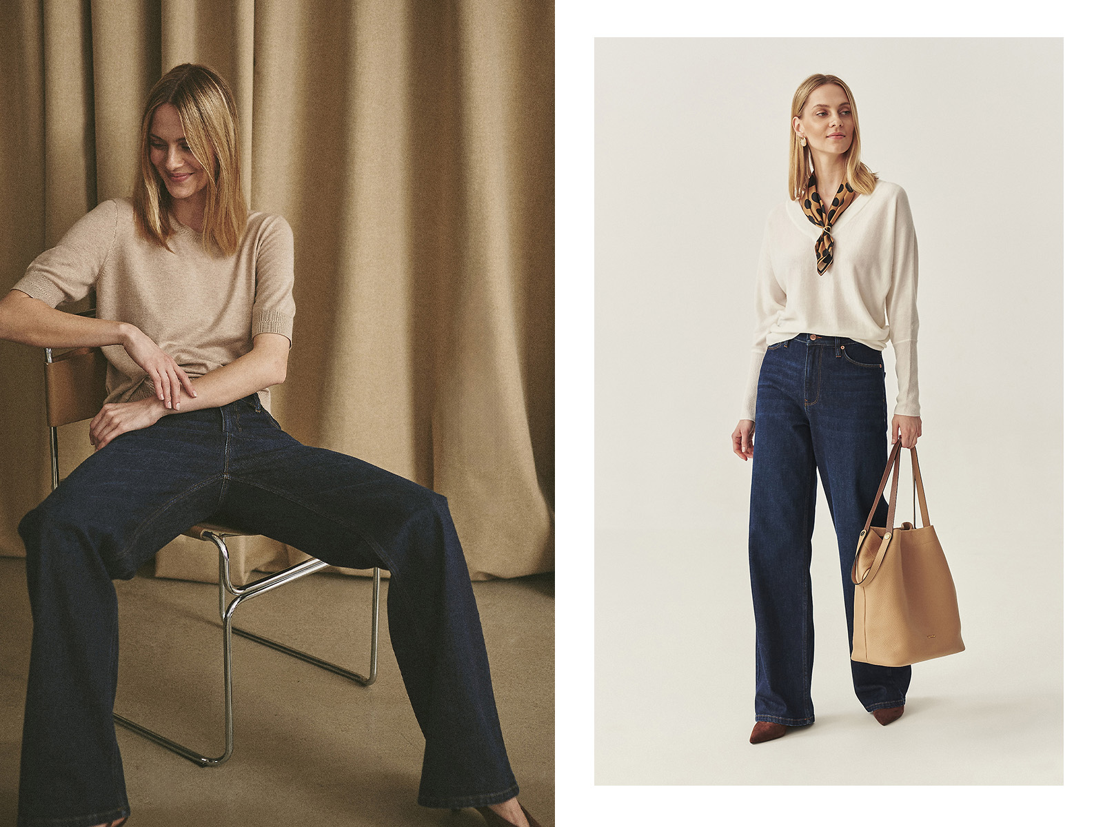 žena v svetri a širokých džínsoch