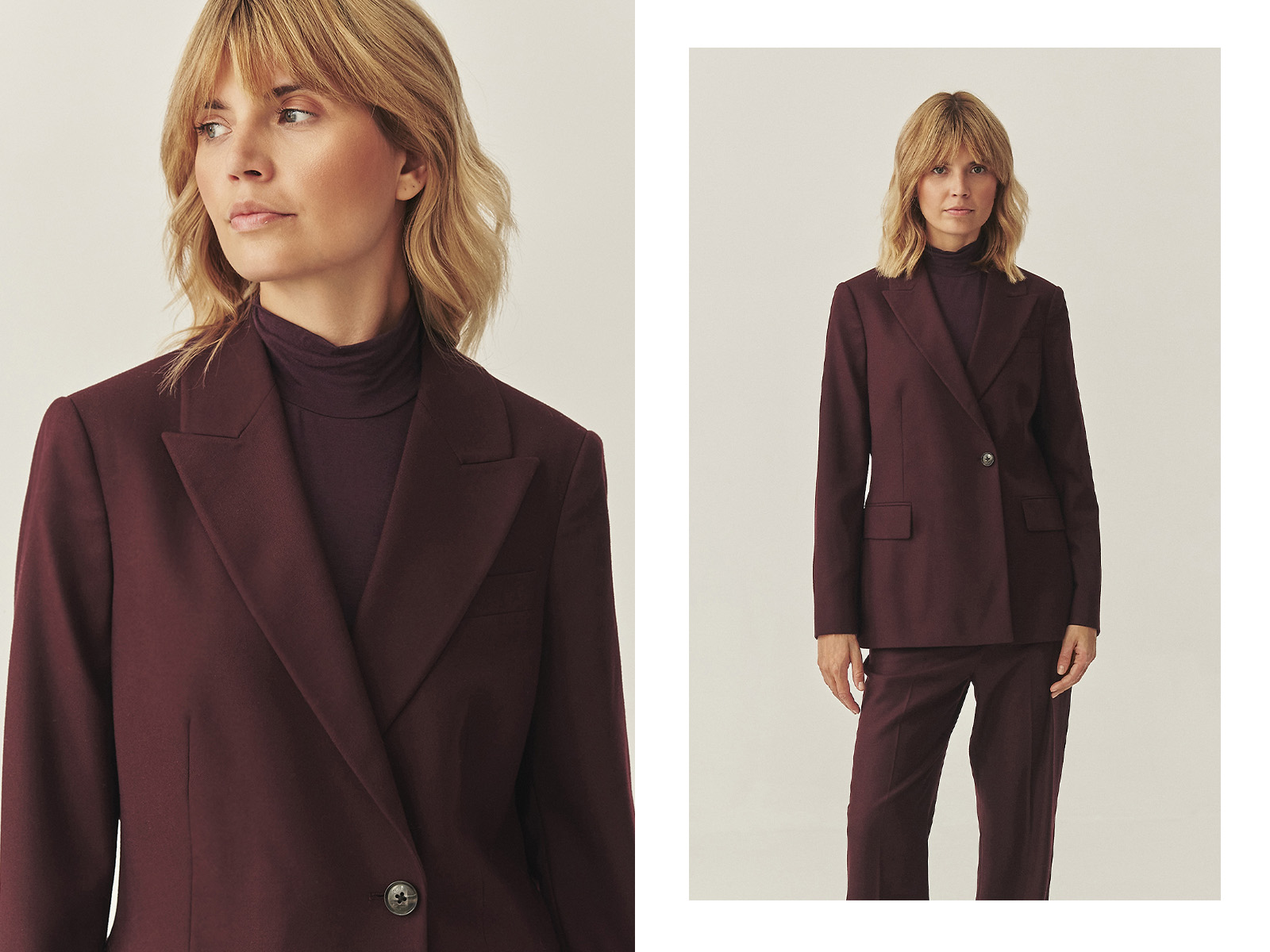 femeie în costum burgund