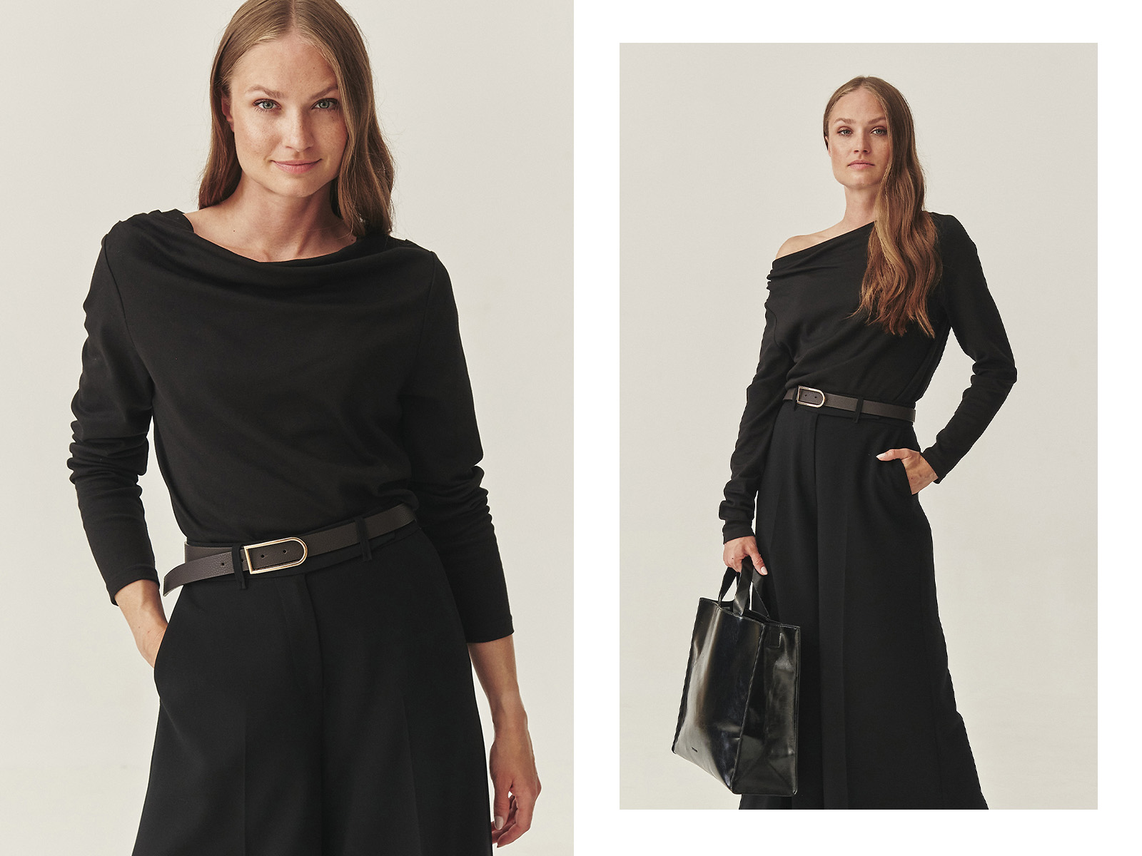 o femeie îmbrăcată într-o bluză neagră și pantaloni eleganți