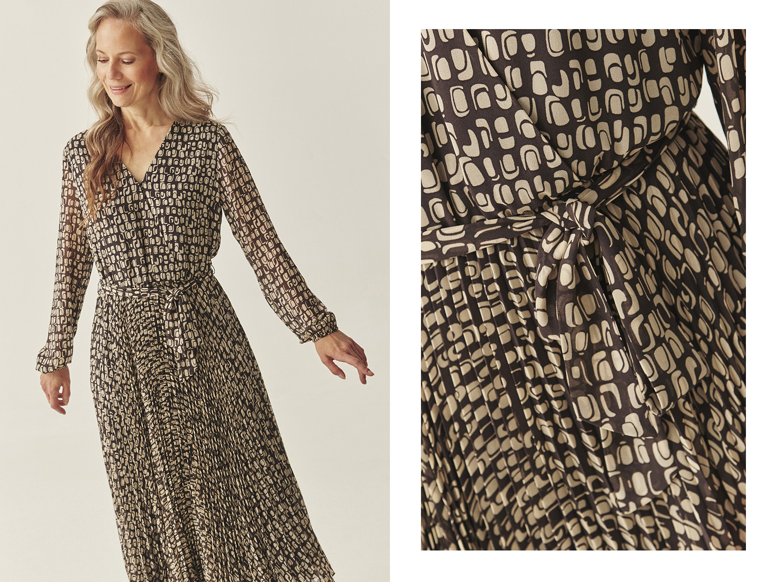 o femeie zâmbitoare într-o rochie cu model