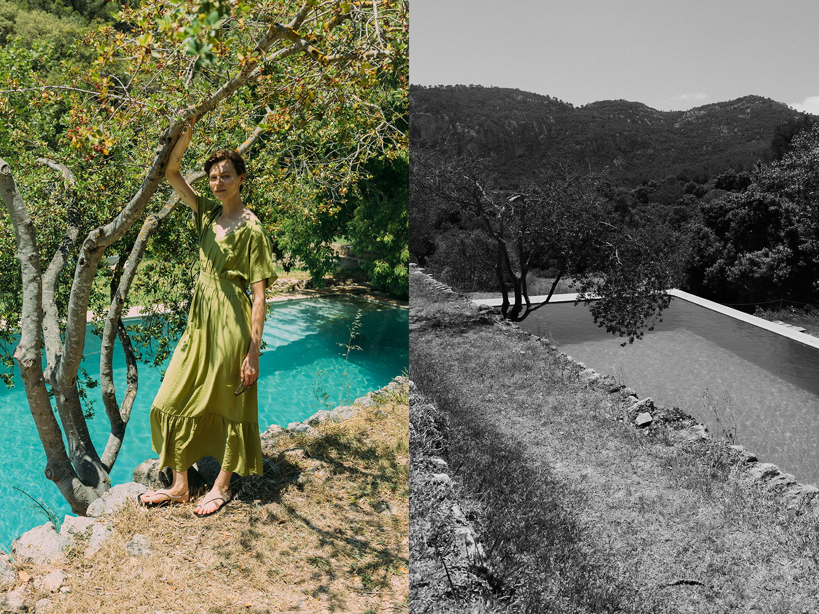 Dve fotografie ženy v zelenej vzdušnej šatách pri bazéne – jedna farebná, druhá čiernobiela.