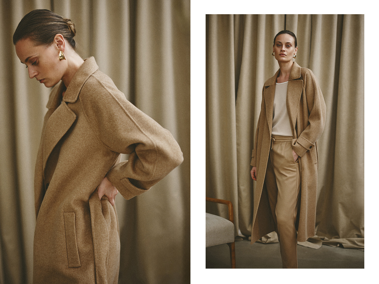 stojąca kobieta ubrana w długi płaszcz i spodnie