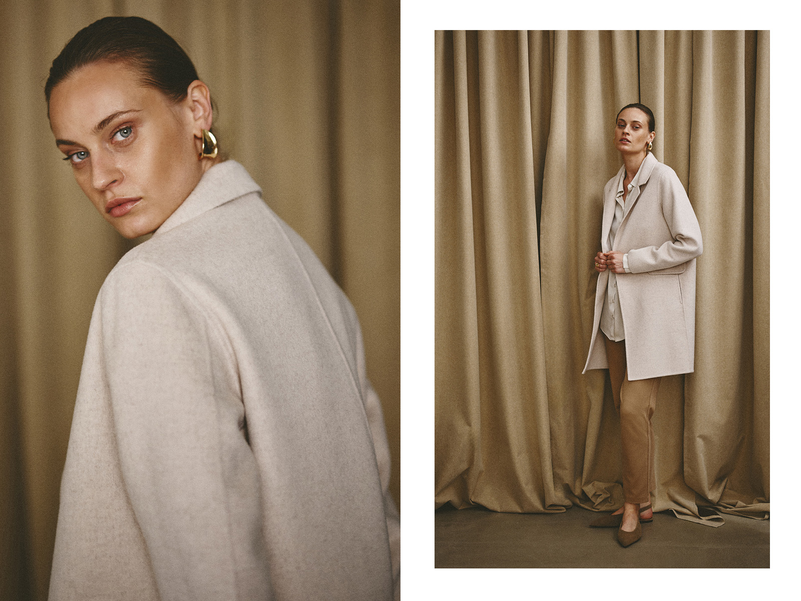 stojąca kobieta ubrana w płaszcz, spodnie oraz koszulę