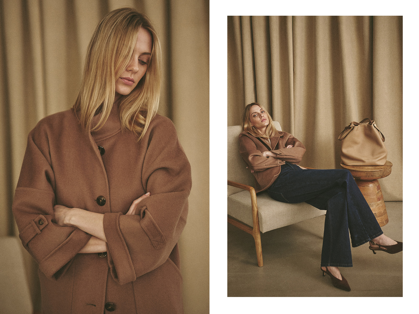 kobieta siedząca na fotelu ubrana w płaszcz i spodnie