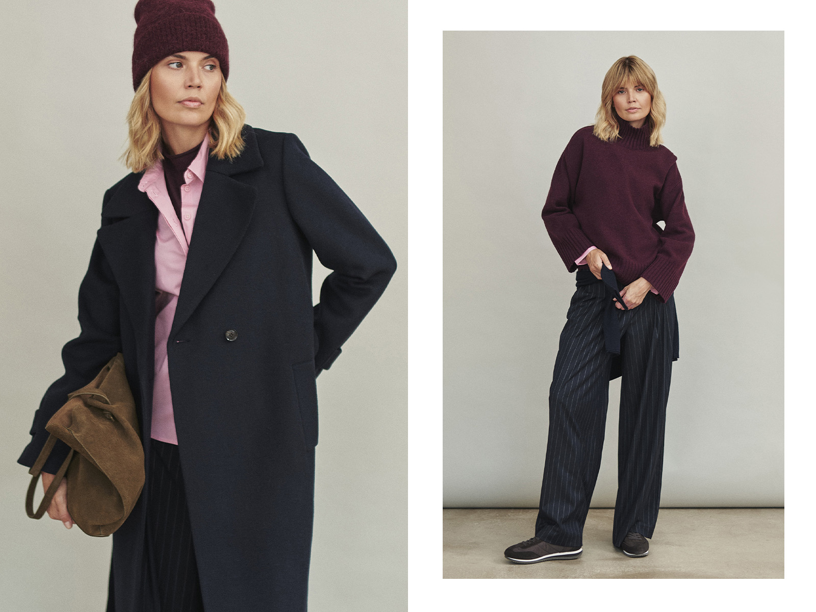 žena v bordovém svetru a kostýmových kalhotách