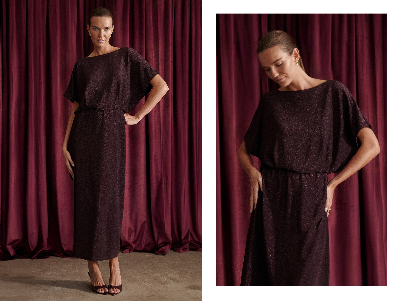 žena v elegantních, třpytivých maxi šatech