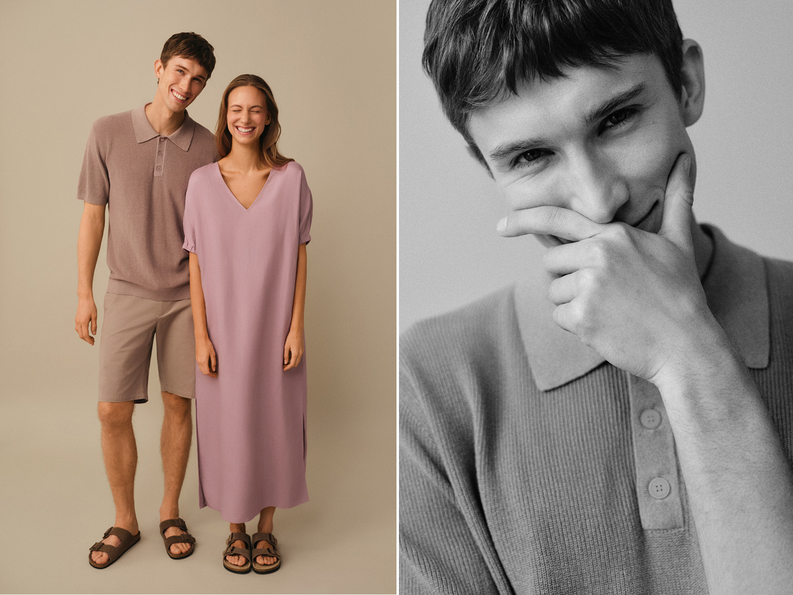 Cuplu în ținute lejere de vară – ea într-o rochie lila, el în tricou polo și pantaloni scurți. (Dreapta:) Portret alb-negru al bărbatului zâmbind cu mâna la gură.