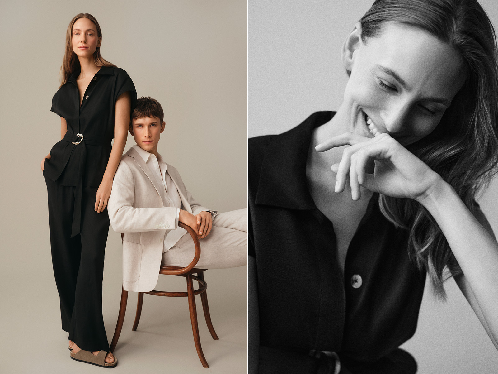 Femeie în salopetă neagră și bărbat în costum bej – look elegant și rafinat. (Dreapta:) Portret alb-negru al femeii zâmbind cu ochii închiși.