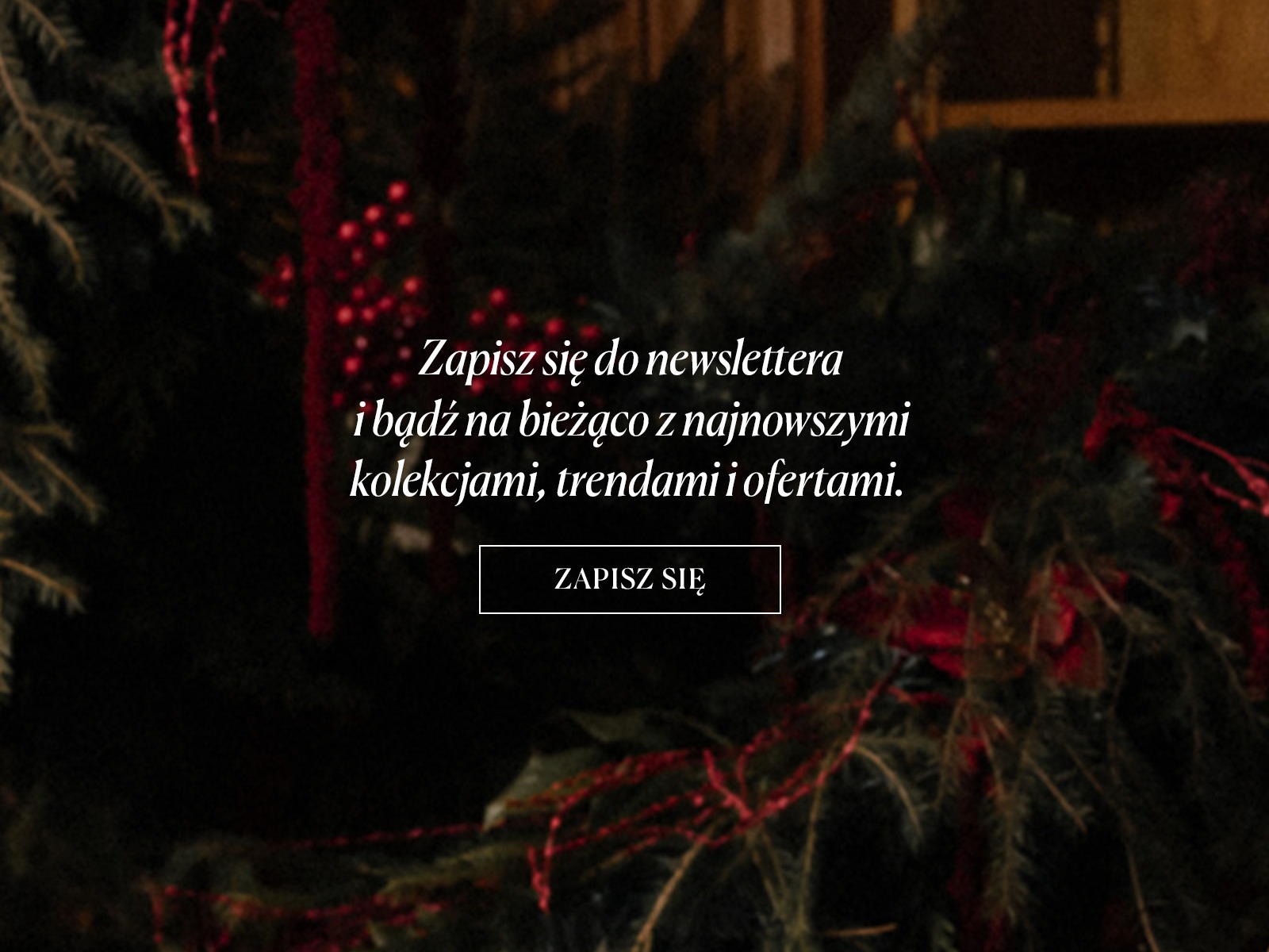 Zbliżenie na świąteczne dekoracje z nałożonym tekstem zachęcającym do zapisu na newsletter.